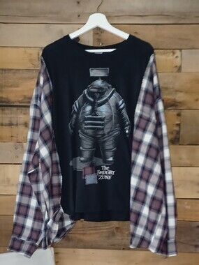 Upcycled The Twilight Zone Black Graphic Tee with Plaid Sleeve Detail Top